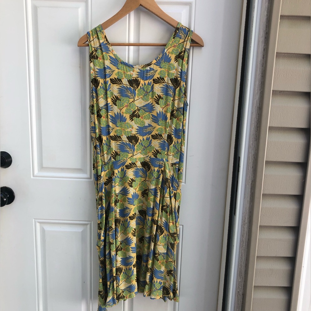 Flax Rayon Sleeveless Dress in Yellow, Blue and Green Floral Print